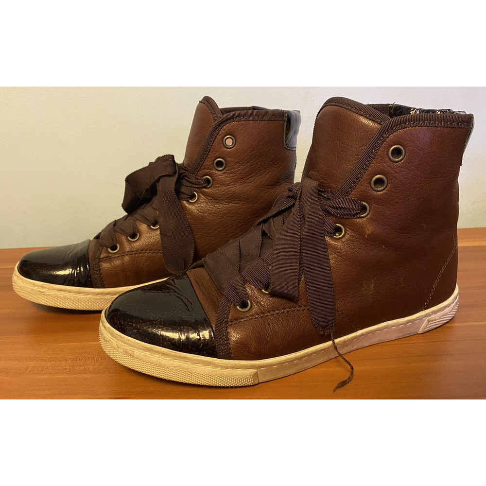 Lanvin Women's High-Top Sneakers Brown Leather Patent Toe Cap Size 36 EU / US 6